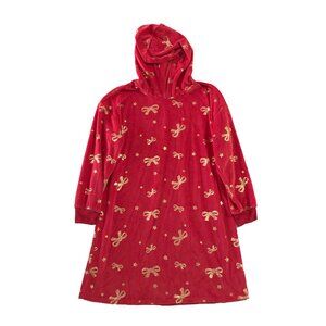 Holiday Time Dress Girls Size L (10-12) Plus Red Gold Bows Hooded Soft Christmas